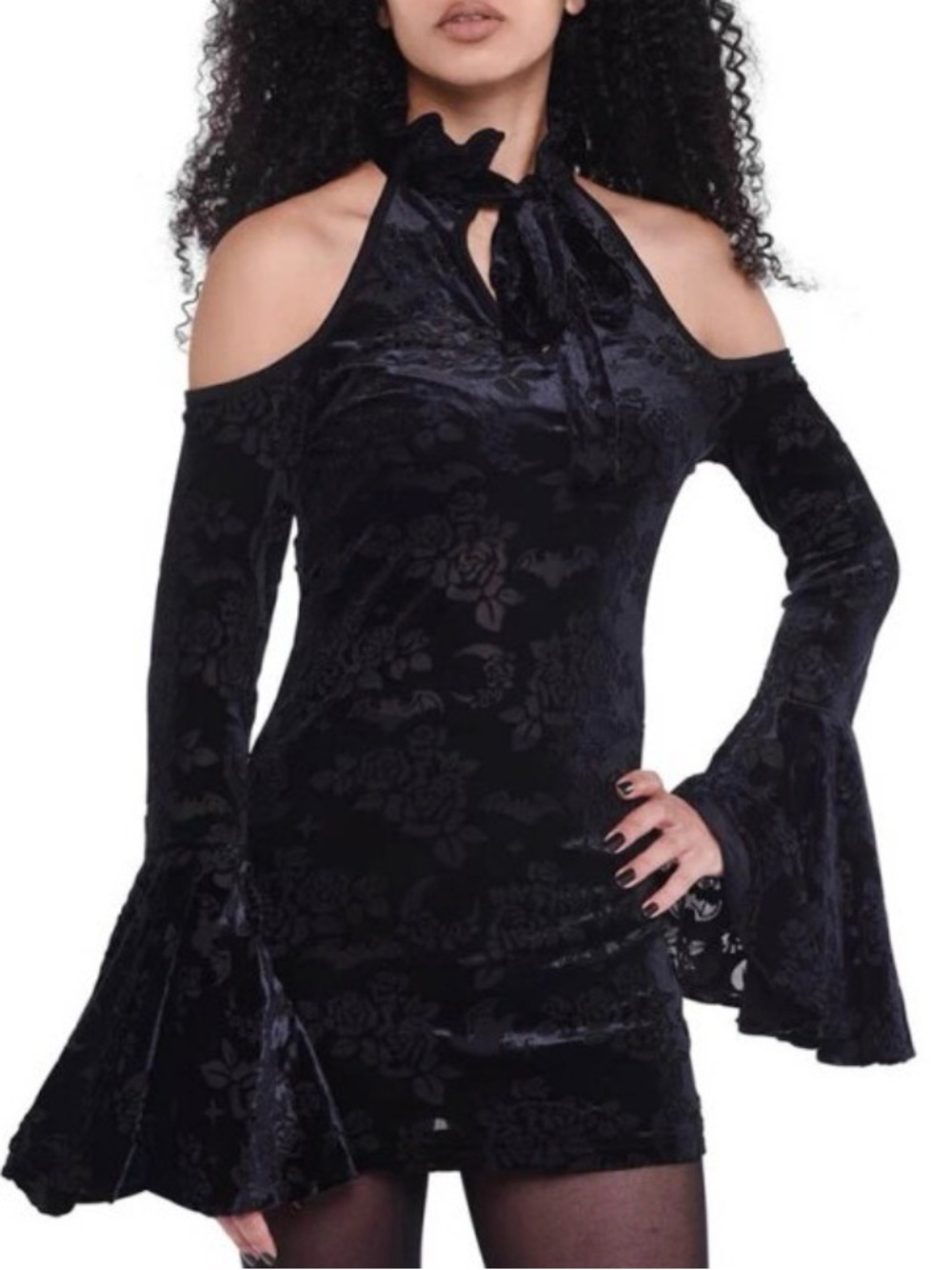 Killstar Black Velvet Cold-Shoulder Mini Dress with Tie Neck and Flared Sleeves
